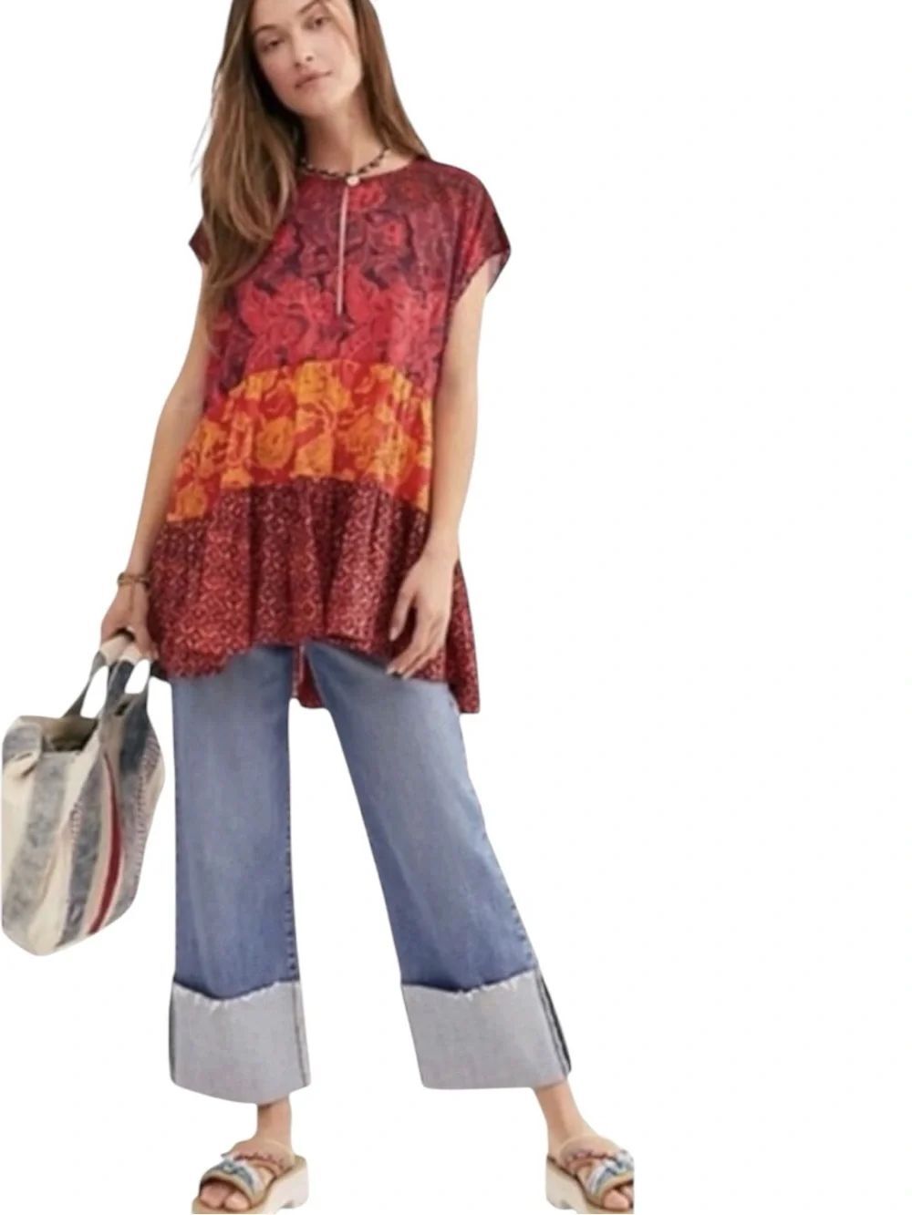 Free People Red Orange 100% Cotton Flowy Bohemian Floral Tier Babydoll Tunic S